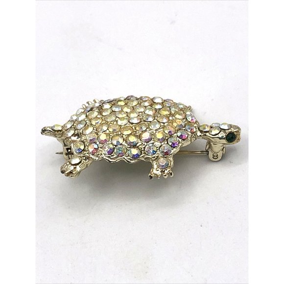 Vintage Turtle AB Glass Rhinestone Brooch Pin Goldtone Figural Animal - Picture 4 of 9